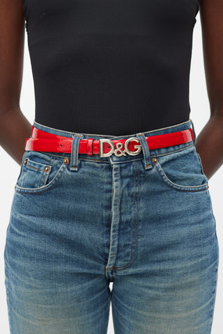 Dolce 
Gabbana Red 
Silver Logo Buckle Patent Belt