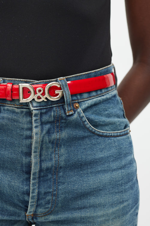 Dolce 
Gabbana Red 
Silver Logo Buckle Patent Belt