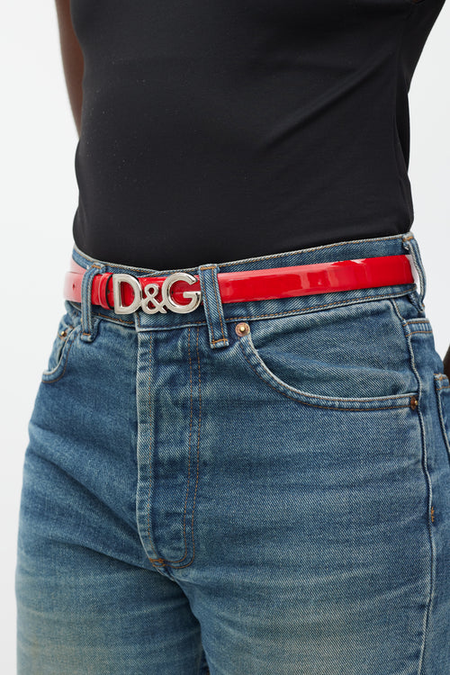 Dolce 
Gabbana Red 
Silver Logo Buckle Patent Belt