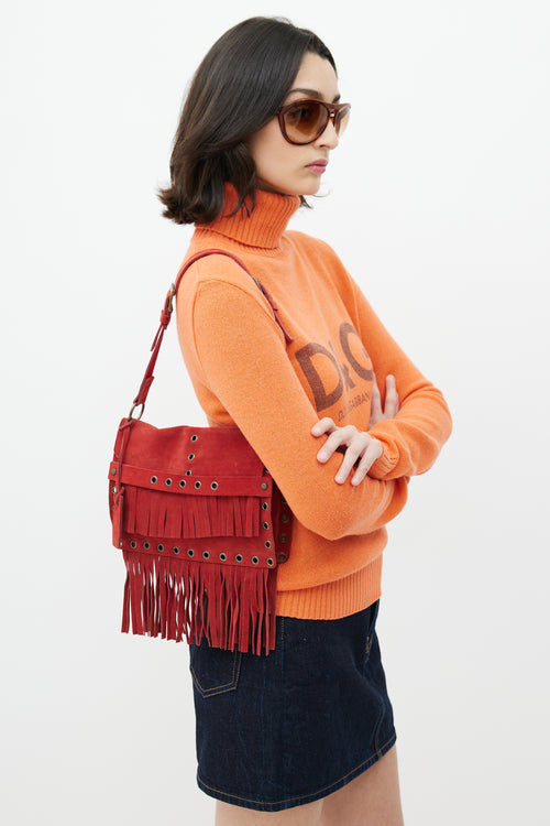 Dolce 
Gabbana Red Suede Fringe Shoulder Bag