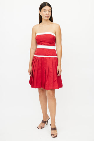 Dolce 
Gabbana Red 
White Pleated Strapless Dress