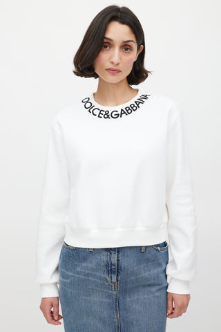 Dolce 
Gabbana White 
Black Embroidered Logo Crewneck Sweater