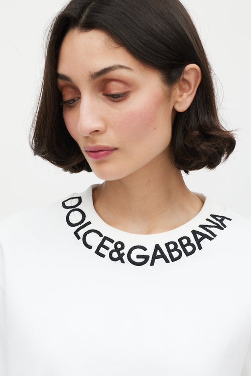 Dolce 
Gabbana White 
Black Embroidered Logo Crewneck Sweater