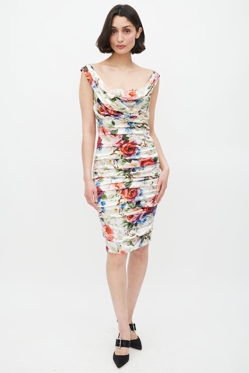 Dolce 
Gabbana White 
Multicolour Floral Ruched Dress