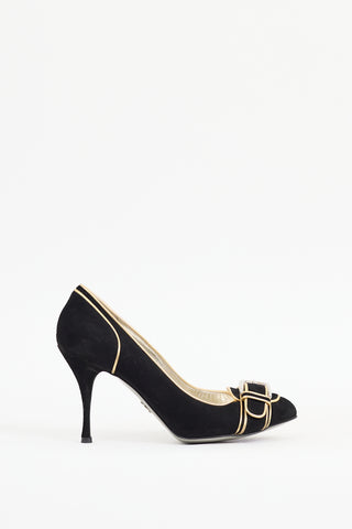 Dolce 
Gabbana Black 
Gold Suede Buckle Heel