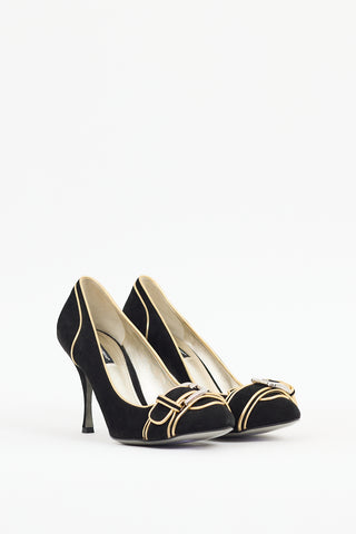 Dolce 
Gabbana Black 
Gold Suede Buckle Heel