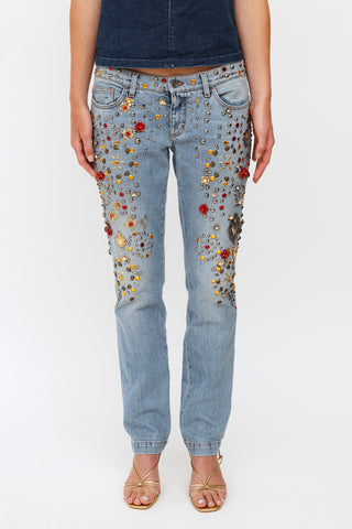 Dolce 
Gabbana Crystal Rose Embellished Jeans