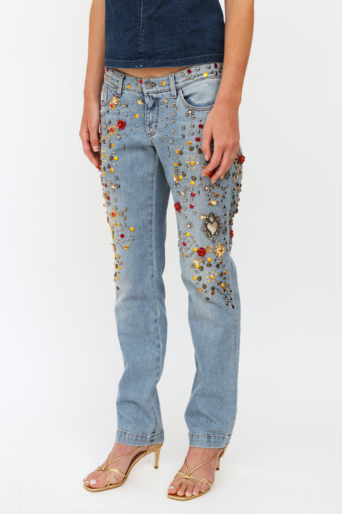 Dolce 
Gabbana Crystal Rose Embellished Jeans