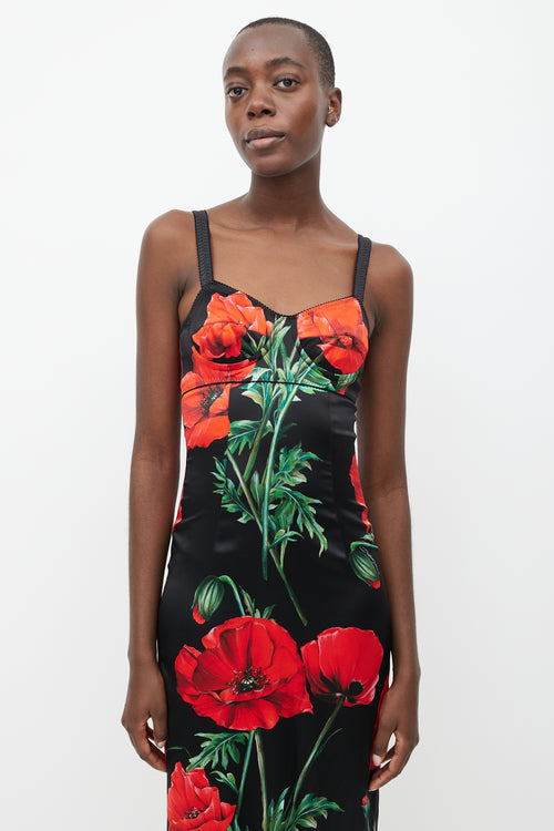 Dolce 
Gabbana Black 
Red Silk Floral Dress