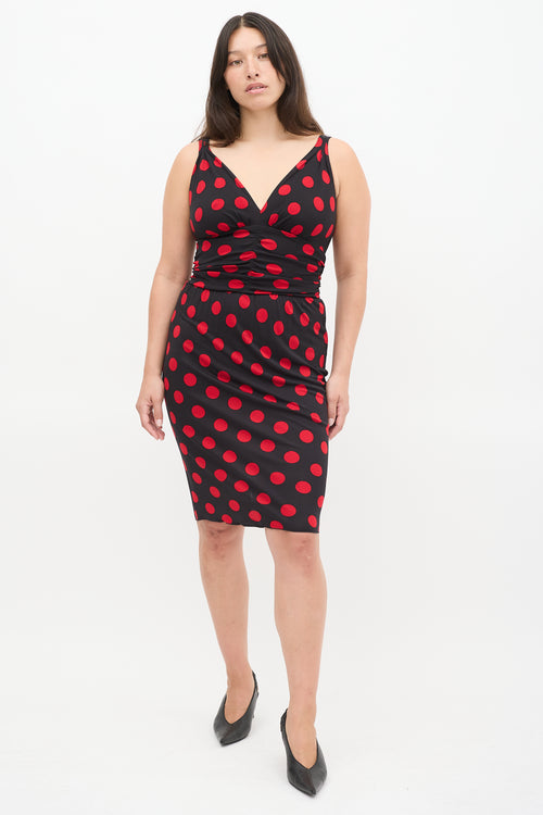 Dolce 
Gabbana Black 
Red Polka Dot Ruched Midi Dress