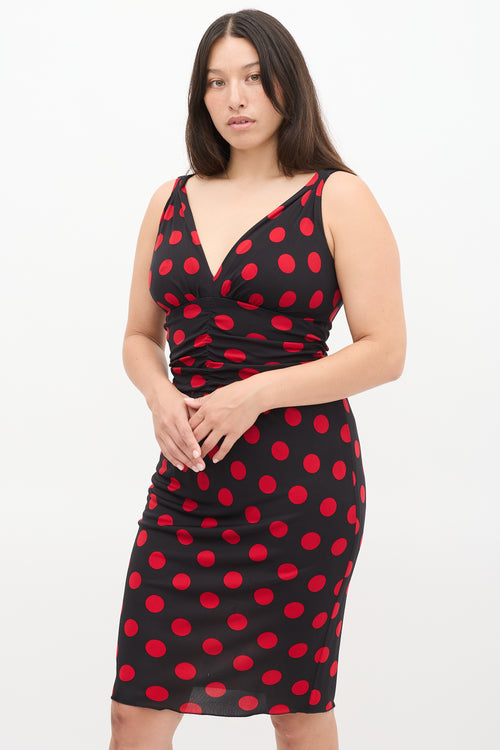 Dolce 
Gabbana Black 
Red Polka Dot Ruched Midi Dress