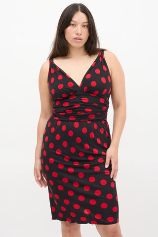 Dolce 
Gabbana Black 
Red Polka Dot Ruched Midi Dress