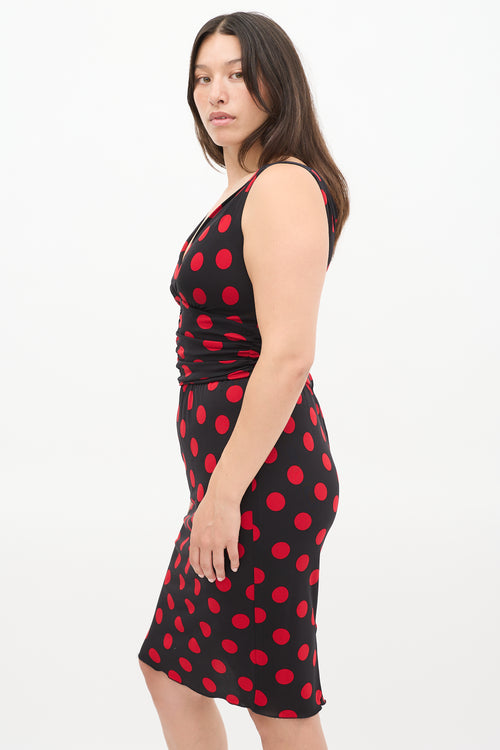 Dolce 
Gabbana Black 
Red Polka Dot Ruched Midi Dress