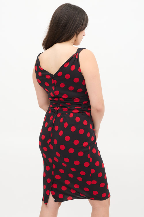 Dolce 
Gabbana Black 
Red Polka Dot Ruched Midi Dress