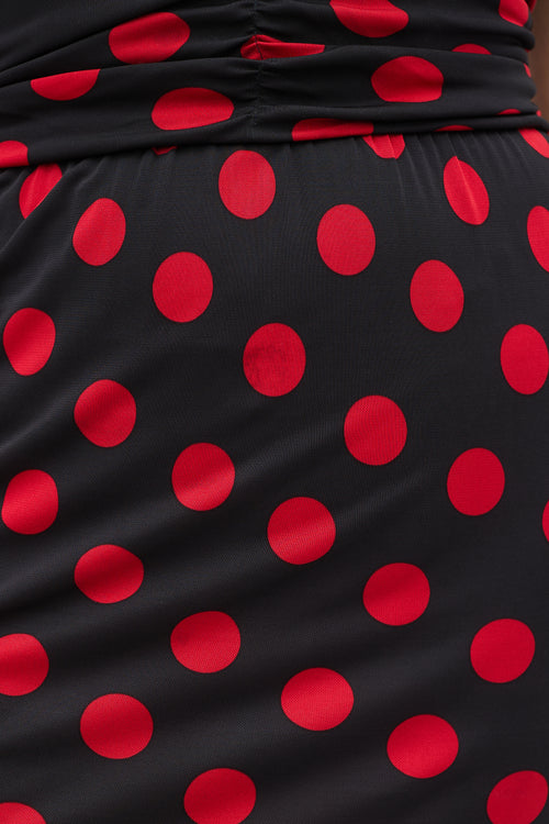 Dolce 
Gabbana Black 
Red Polka Dot Ruched Midi Dress