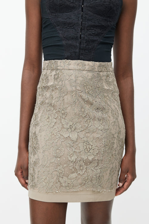 Dolce 
Gabbana Khaki Green Lace Pencil Skirt