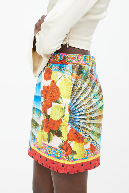 Dolce 
Gabbana Red 
Multicolour Fan 
Rose Print Skirt