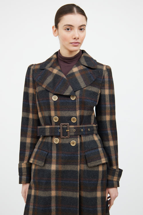 Dolce 
Gabbana Grey 
Brown Wool Plaid Double Breasted Coat