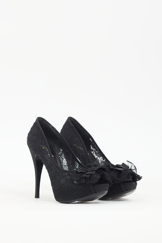 Dolce 
Gabbana Black Floral Lace Bow Platform Pump