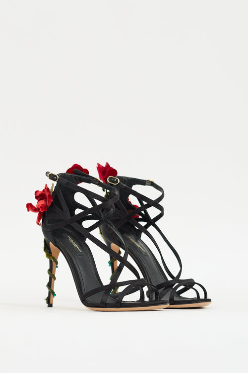 Dolce 
Gabbana Black 
Multicolour Strappy Flower Applique Heel