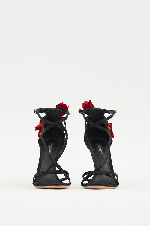 Dolce 
Gabbana Black 
Multicolour Strappy Flower Applique Heel