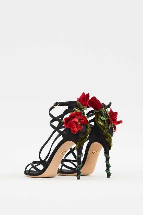 Dolce 
Gabbana Black 
Multicolour Strappy Flower Applique Heel