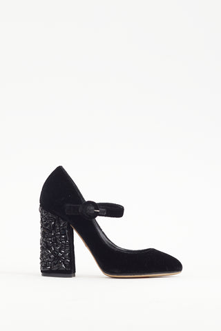 Dolce 
Gabbana Black Velvet Crystal Embellished Mary Jane Heel