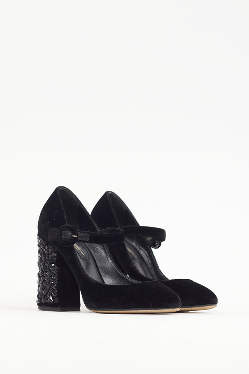 Dolce 
Gabbana Black Velvet Crystal Embellished Mary Jane Heel