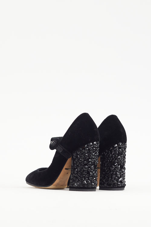 Dolce 
Gabbana Black Velvet Crystal Embellished Mary Jane Heel