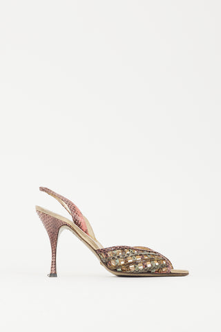 Dolce 
Gabbana Pink 
Green Textured Leather Latticed Heel