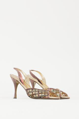 Dolce 
Gabbana Pink 
Green Textured Leather Latticed Heel