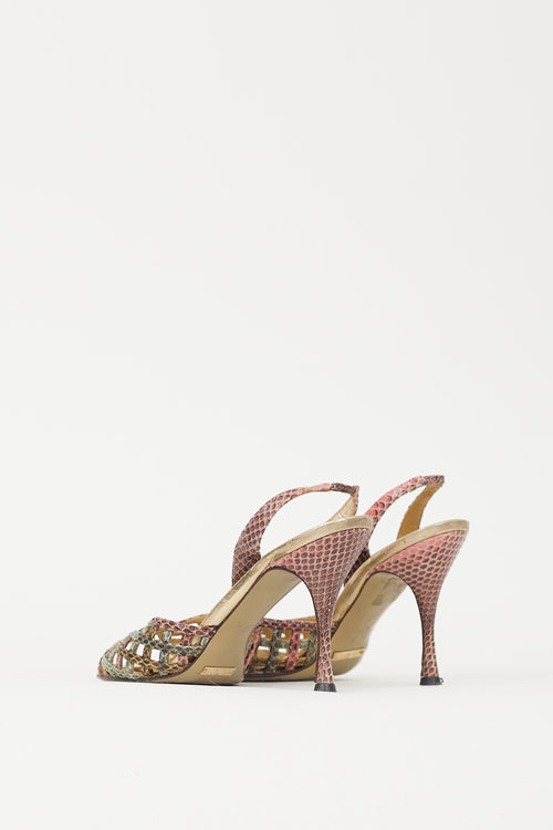 Dolce 
Gabbana Pink 
Green Textured Leather Latticed Heel