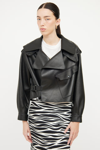 Doma Black Leather Cropped Biker Jacket