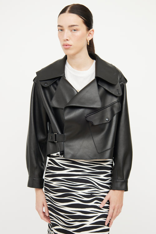 Doma Black Leather Cropped Biker Jacket