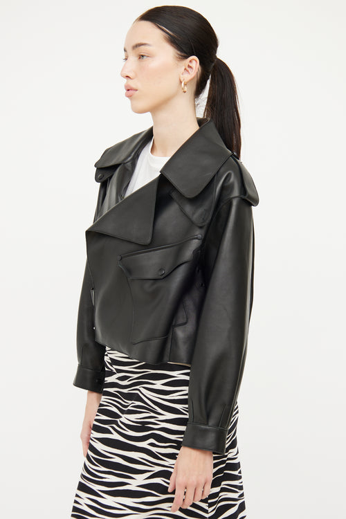 Doma Black Leather Cropped Biker Jacket