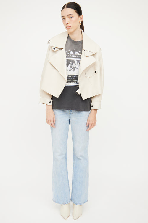 Doma Cream Leather Cropped Biker Jacket