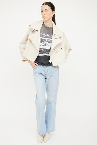 Doma Cream Leather Cropped Biker Jacket