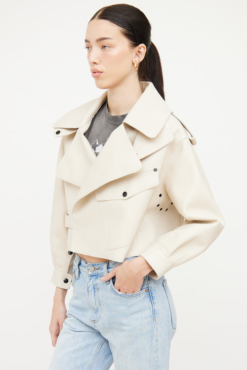 Doma Cream Leather Cropped Biker Jacket