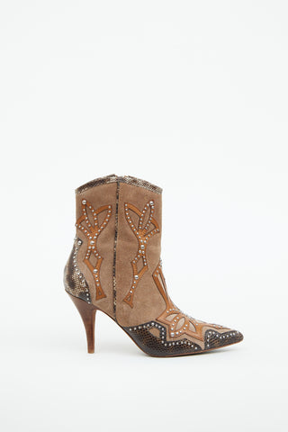 Donald J Pliner Brown Suede 
Silver Stud Heeled Western Boot