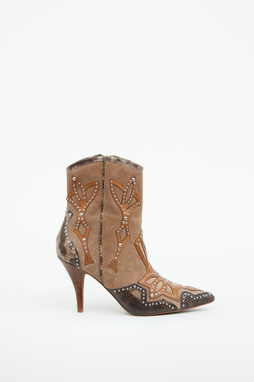 Donald J Pliner Brown Suede 
Silver Stud Heeled Western Boot