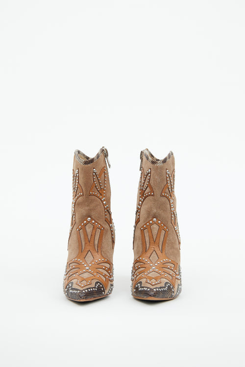 Donald J Pliner Brown Suede 
Silver Stud Heeled Western Boot