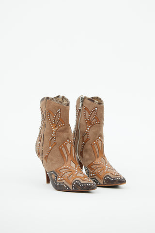 Donald J Pliner Brown Suede 
Silver Stud Heeled Western Boot