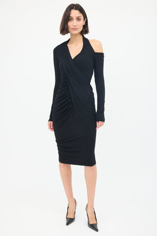 Donna Karan Black Asymmetrical Draped Midi Dress