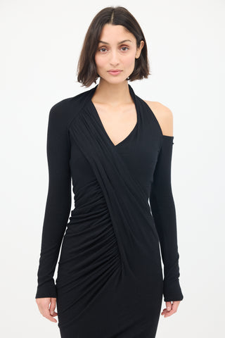 Donna Karan Black Asymmetrical Draped Midi Dress