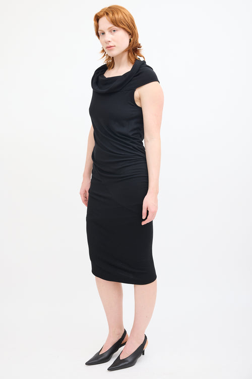 Donna Karan Black Wool Cowl Neck Midi Dress