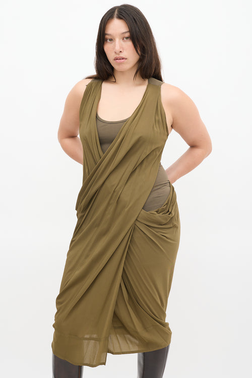 Donna Karan Khaki Green Draped Layered Dress