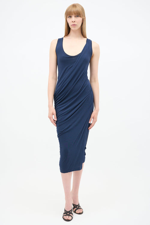 Donna Karan Navy Asymmetrical Drape Dress