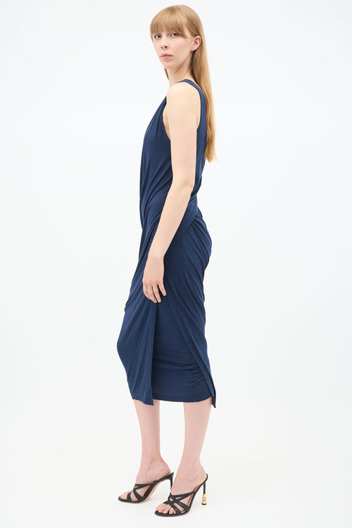 Donna Karan Navy Asymmetrical Drape Dress