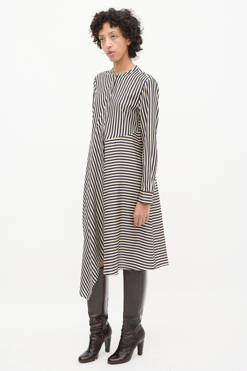 Dorothee Schumacher Beige 
Black Silk Striped Shirt Dress