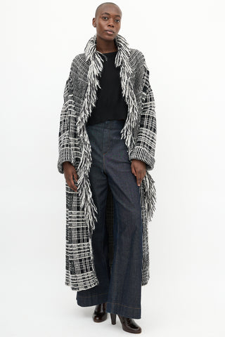 Dorothee Schumacher Black 
White Tweed Boucle Fringe Coat